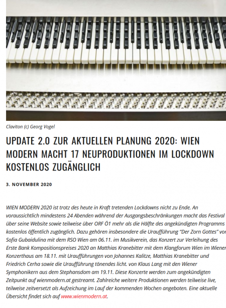 Update 2.0 zur aktuellen Planung 2020: Wien Modern macht 17 Neuproduktionen im Lockdown kostenlos zugänglich 