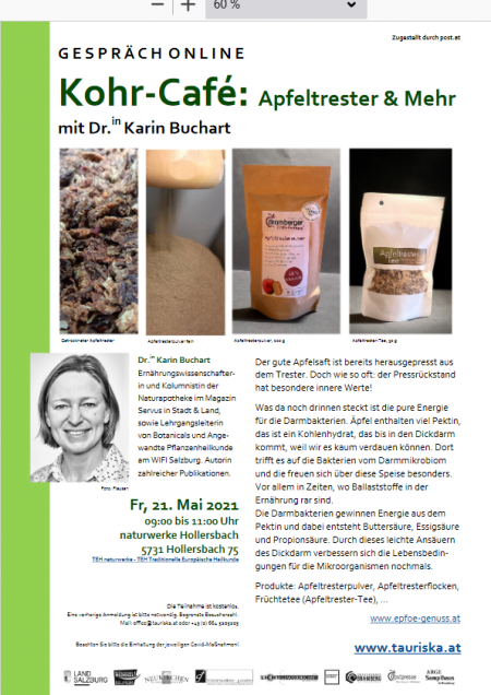 G E S P R Ä C H O N L I N E Kohr-Café: Apfeltrester & Mehr mit Dr.in Karin Buchart