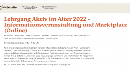 Lehrgang Aktiv im Alter 2022 - Informationsveranstaltung und Marktplatz (Online)